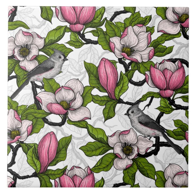 Blühende Magnolie und Titmausvogel Fliese (Vorderseite)