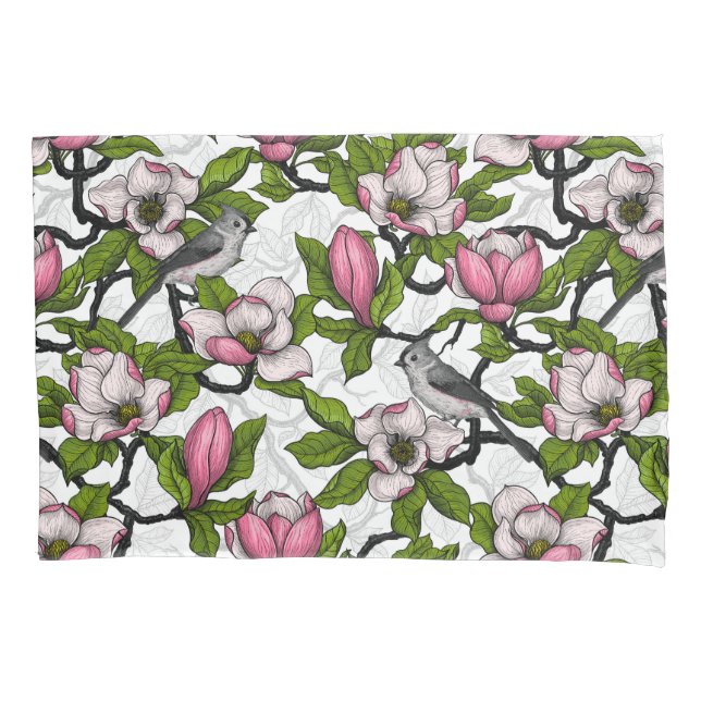 Blühende Magnolie und Titmausvogel Kissenbezug (Vorderseite-Links)