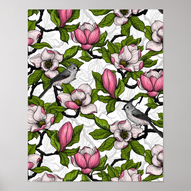 Blühende Magnolie und Titmausvogel Poster (Vorne)