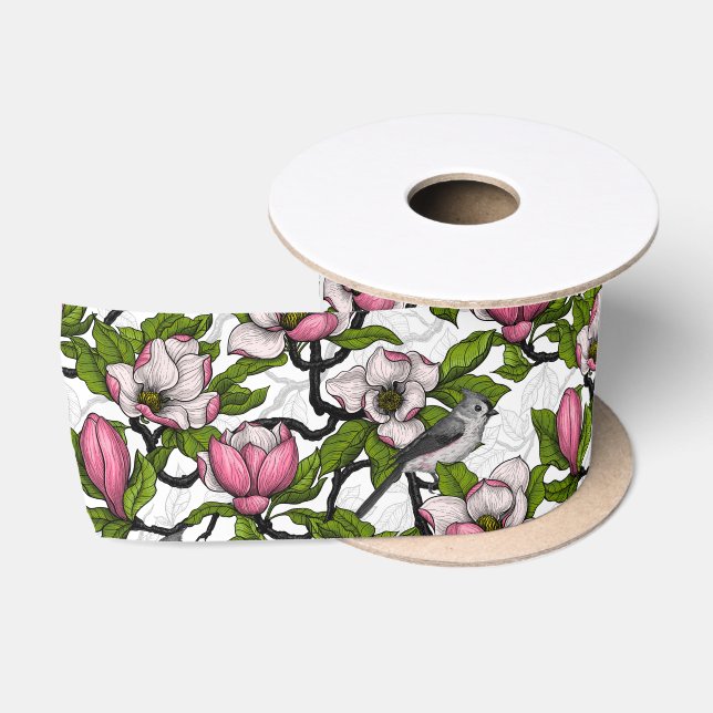 Blühende Magnolie und Titmausvogel Satinband (Spule)