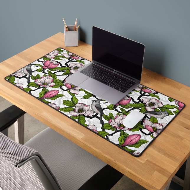 Blühende Magnolie und Titmausvogel Schreibtischunterlage (Büro 2)