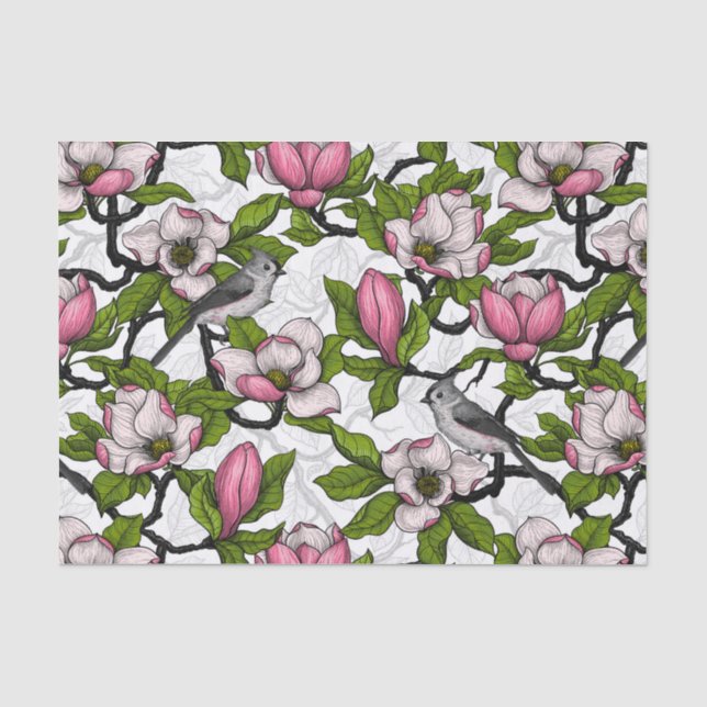 Blühende Magnolie und Titmausvogel Seidenpapier (Vorderseite)