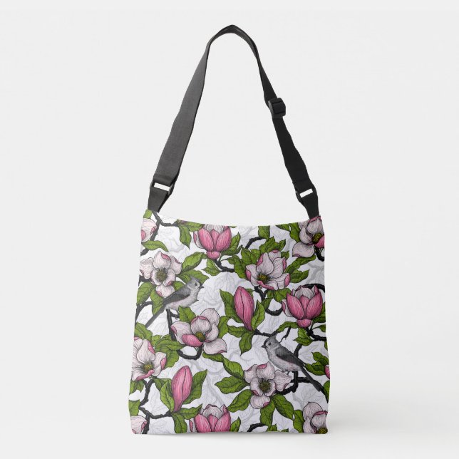 Blühende Magnolie und Titmausvogel Tragetaschen Mit Langen Trägern (Vorderseite)