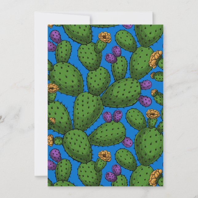 Blühende Opuntia auf blau (Vorderseite)