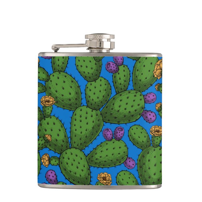 Blühende Opuntia auf blau Flachmann (Vorderseite)