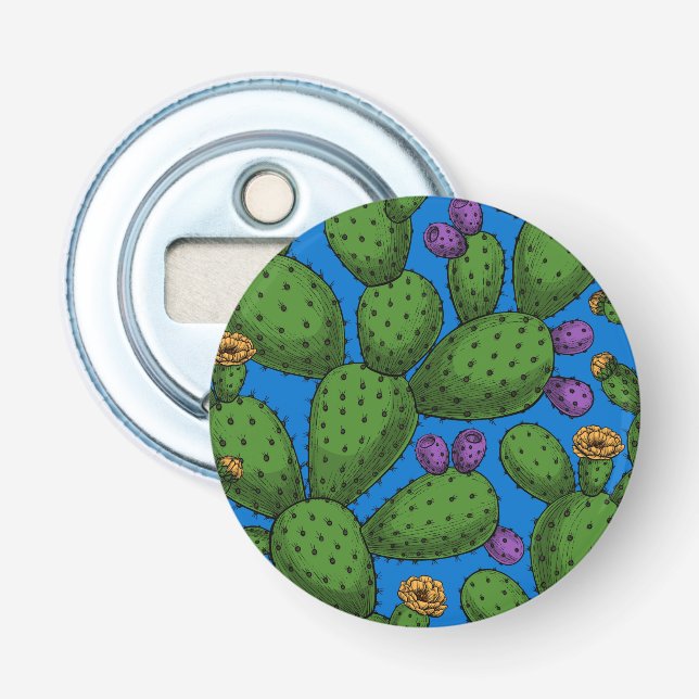 Blühende Opuntia auf blau Flaschenöffner (Vorderseite)