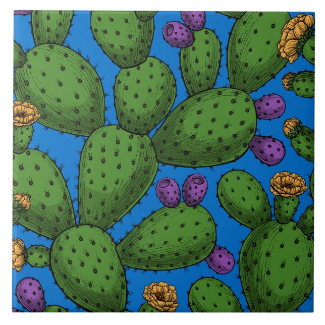 Blühende Opuntia auf blau Fliese (Vorderseite)
