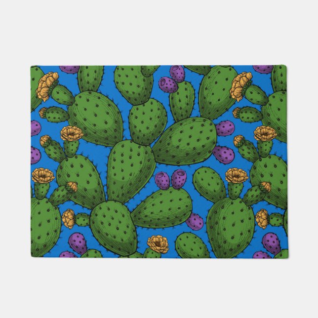 Blühende Opuntia auf blau Fußmatte (Vorderseite)
