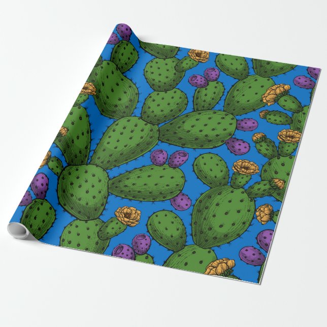 Blühende Opuntia auf blau Geschenkpapier (Ungerollt)