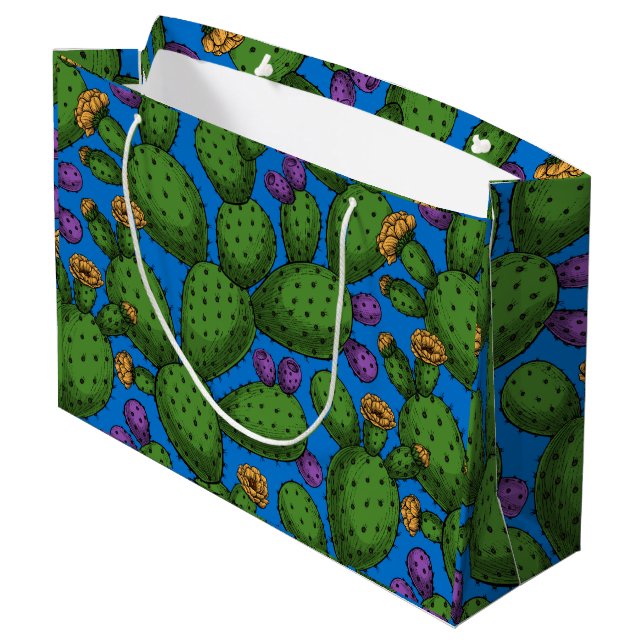 Blühende Opuntia auf blau Große Geschenktüte (Rückseite Schrägansicht)