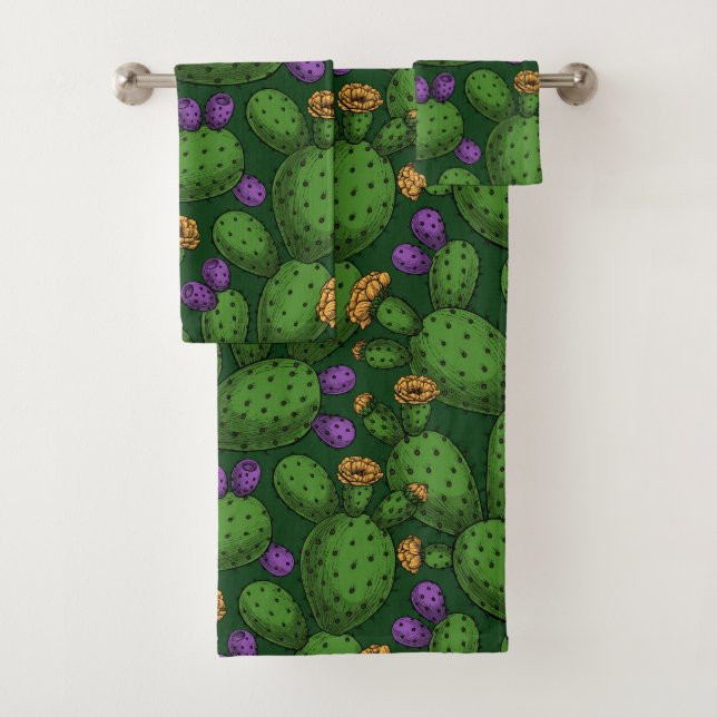 Blühende Opuntia auf dunkelgrün Badhandtuch Set (Insitu)