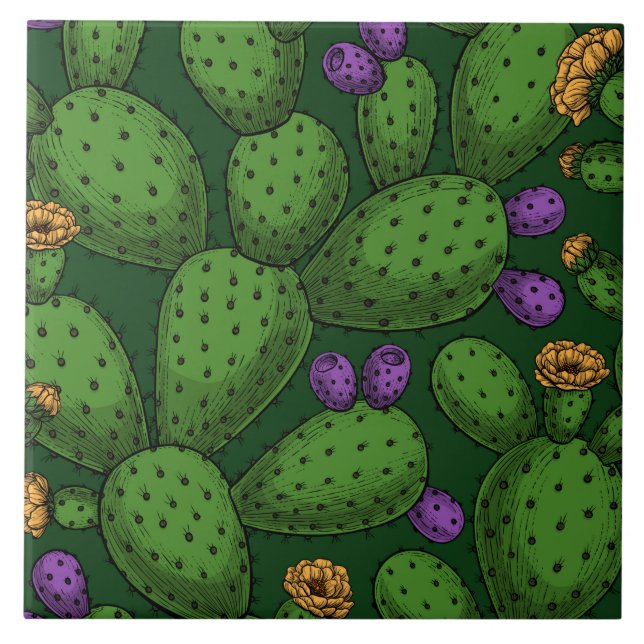 Blühende Opuntia auf dunkelgrün Fliese (Vorderseite)
