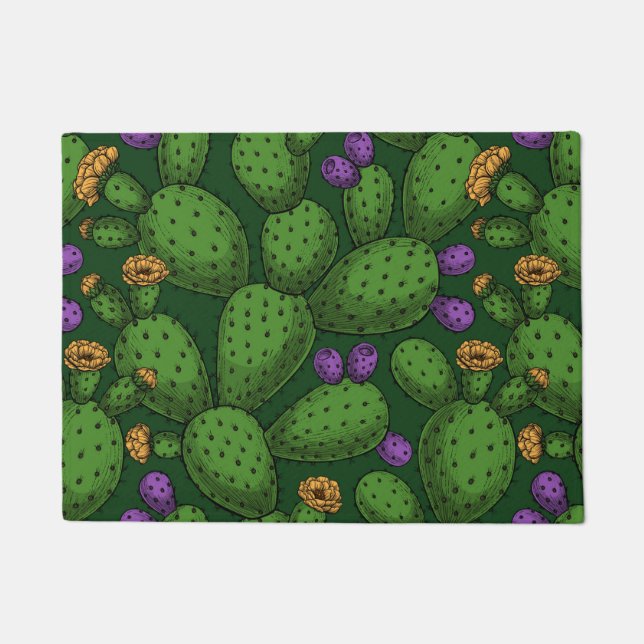 Blühende Opuntia auf dunkelgrün Fußmatte (Vorderseite)