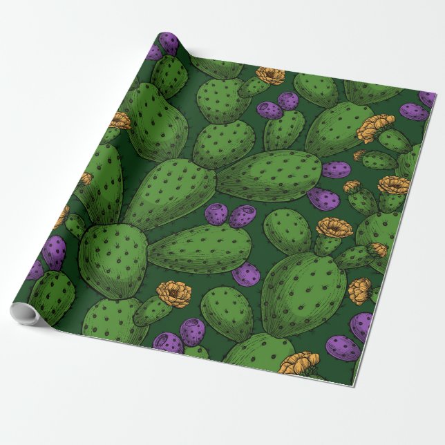 Blühende Opuntia auf dunkelgrün Geschenkpapier (Ungerollt)