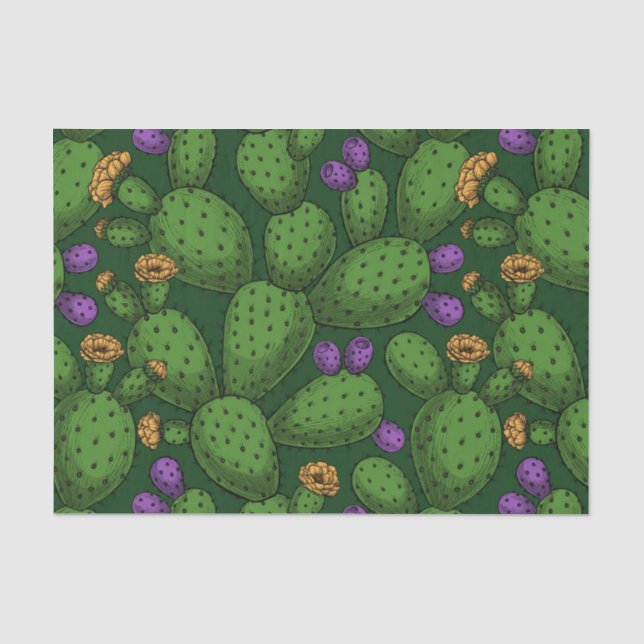Blühende Opuntia auf dunkelgrün Seidenpapier (Vorderseite)