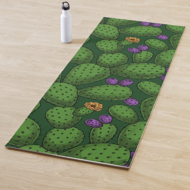 Blühende Opuntia auf dunkelgrün Yogamatte (Beispiel)