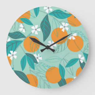Blühende Orangen, Blätter, Vintage Kunst. Große Wanduhr
