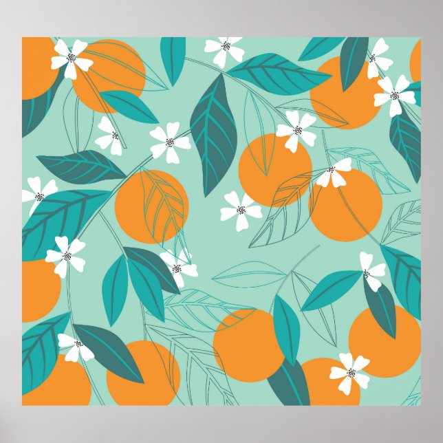 Blühende Orangen, Blätter, Vintage Kunst. Poster (Vorne)