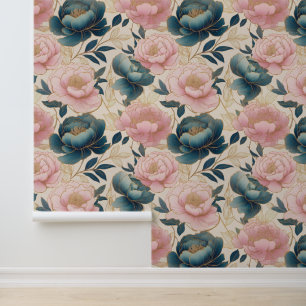 Blühende Peonies Blauer Rosa Gold auf Creme Tapete