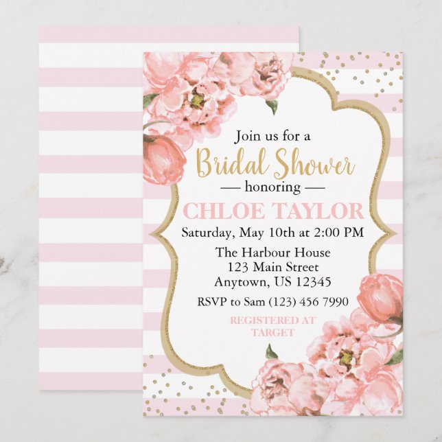 Blühende Peonies Rosa Blush & Gold Brautparty Einladung (Vorne/Hinten)