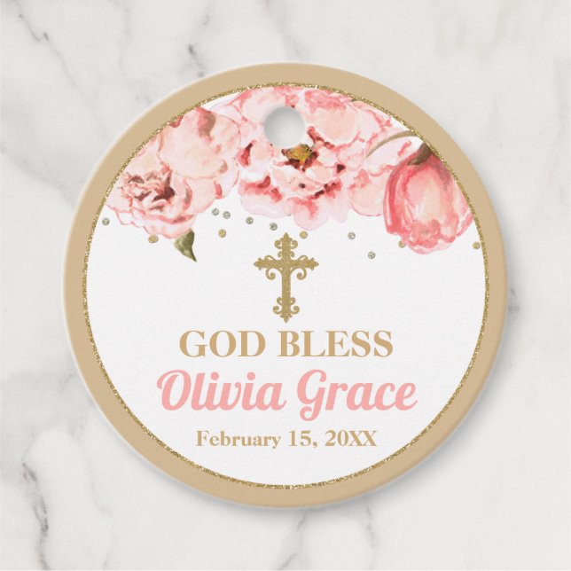 Blühende Peonies Rosa Blush & Gold Taufe Geschenkanhänger (Vorderseite)