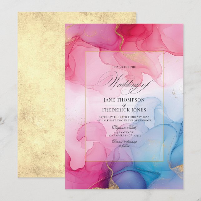 Blühende Rosa-, Blau- und Gold-Alkohol-Hochzeit Einladung (Vorne/Hinten)