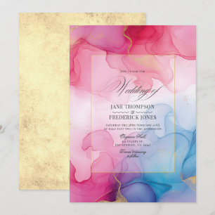 Blühende Rosa-, Blau- und Gold-Alkohol-Hochzeit Einladung
