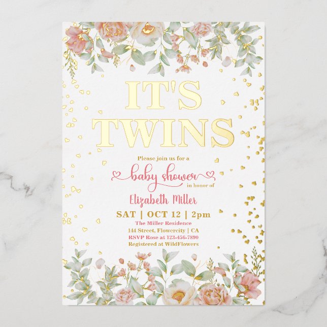 Blühende rosa Blume Twin Girls Babydusche Folieneinladung (Vorderseite)
