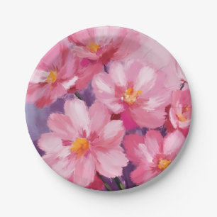 Blühende rosa Blütenblätter   Blumenmalerei Aquare Pappteller