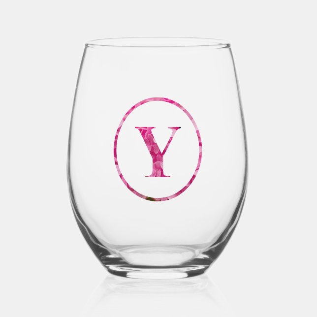 Blühende rosa Floral Monogram Lettering Art "Y" Weinglas Ohne Stiel (Vorderseite)