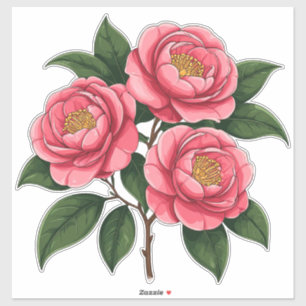 Blühende rosa Kamelienblüten mit grünen Blättern Aufkleber