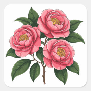 Blühende rosa Kamelienblüten mit grünen Blättern Quadratischer Aufkleber