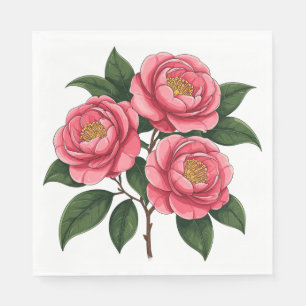 Blühende rosa Kamelienblüten mit grünen Blättern Serviette