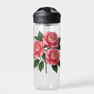 Blühende rosa Kamelienblüten mit grünen Blättern Trinkflasche
