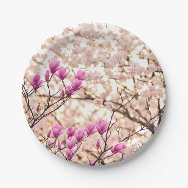Blühende rosa Lila Magnolias-Frühlingsszene Blume Pappteller (Vorderseite)
