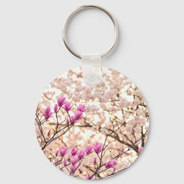 Blühende rosa Lila Magnolias-Frühlingsszene Blume Schlüsselanhänger (Vorderseite)