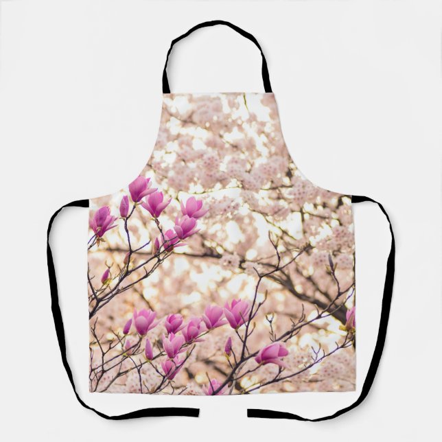 Blühende rosa Lila Magnolias-Frühlingsszene Blume Schürze (Vorderseite)