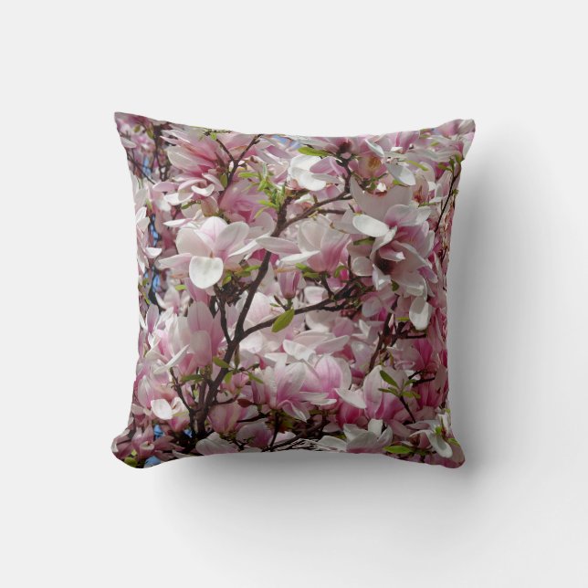 Blühende rosa Magnolia-Feldfrühlingssäule-Blume Kissen (Vorderseite)