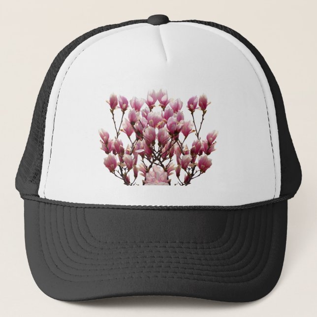 Blühende rosa Magnolias-Frühlingsstimmung in der B Truckerkappe (Vorderseite)