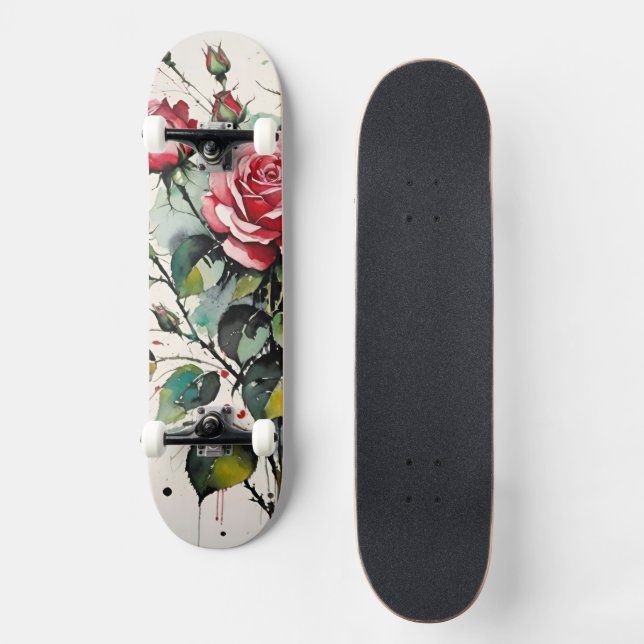 Blühende Rose Wasserfarbe Skateboard (Vorderseite)