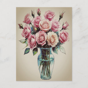 Blühende Rosen Blumenstrauß Vasen Zeichnung Kunst Feiertagspostkarte