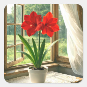 Blühende rote Amaryllis im sonnigen Fenster Quadratischer Aufkleber