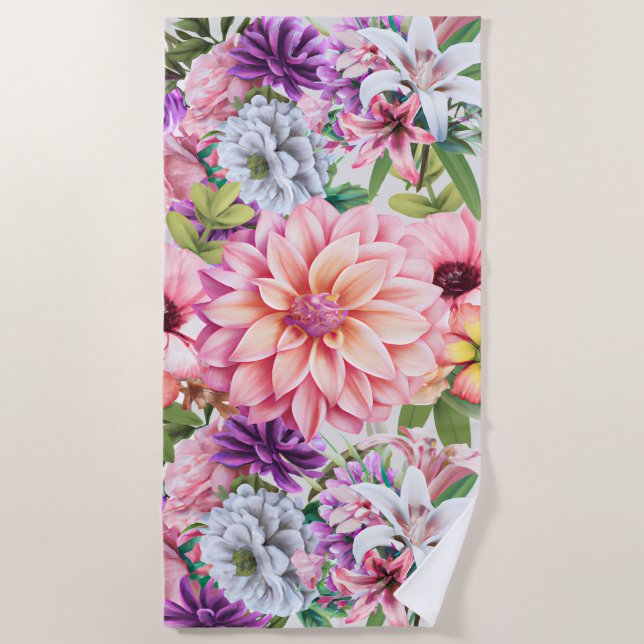 Blühende Sommergarten-Illustration Strandtuch (Vorderseite)