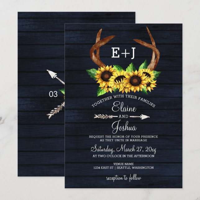 Blühende Sonnenblumen Antlers Country Chic Hochzei Einladung (Vorne/Hinten)