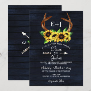 Blühende Sonnenblumen Antlers Country Chic Hochzei Einladung