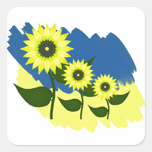 Blühende Sonnenblumen und ukrainische Flagge. Quadratischer Aufkleber (Vorderseite)