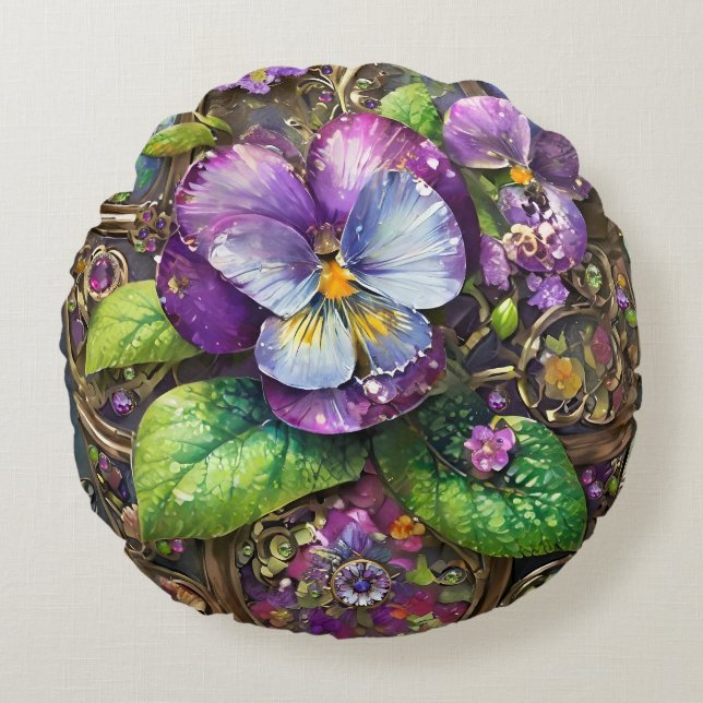 Blühende Vögel Foot Violets Wildblumen Ostereier Rundes Kissen (Vorderseite)