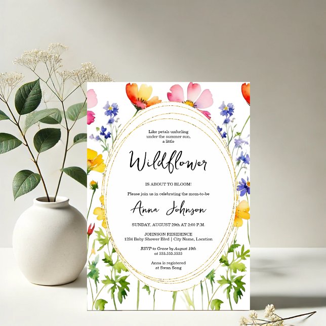 Blühende Wildblume Kinderdusche Einladung (Elegant blooming wildflower baby shower invitation front view)