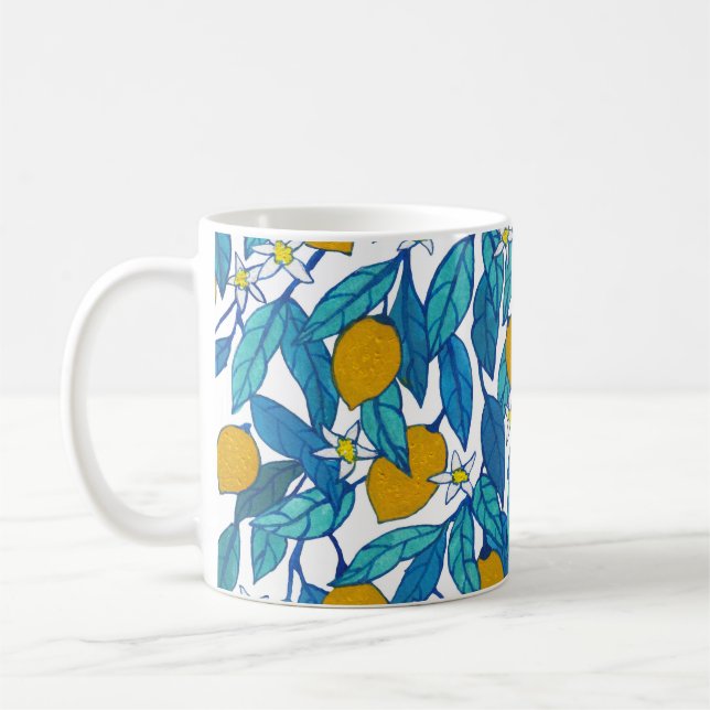 Blühende Zitrone: Aquarellblütendesign. Kaffeetasse (Links)