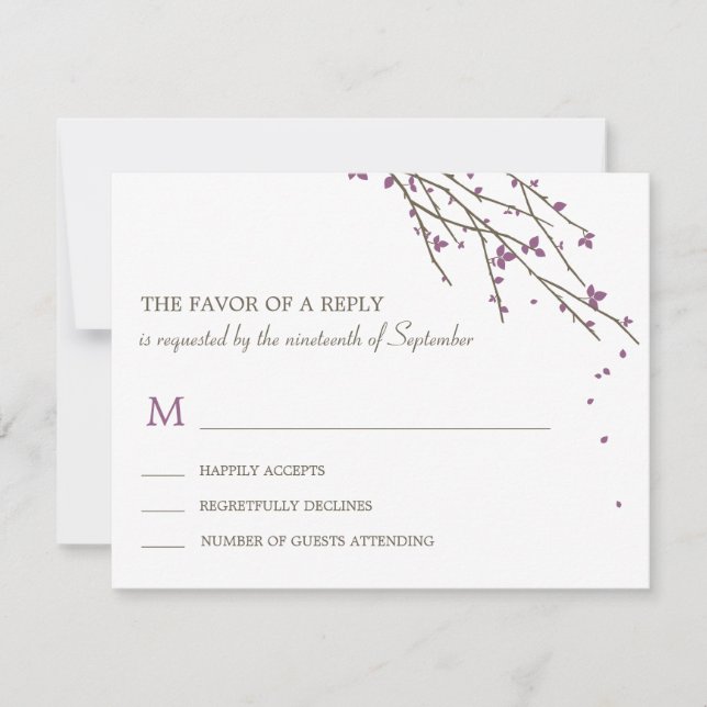 Blühende Zweige Hochzeitskarte RSVP - Pflaume (Vorderseite)